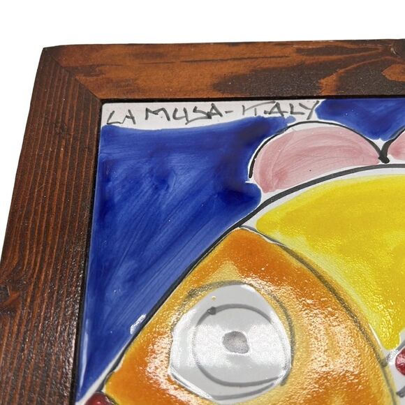 Italian Pottery Framed Fish Tile La Musa Hand-Painted Wooden Frame Italy - Picture 2 of 8
